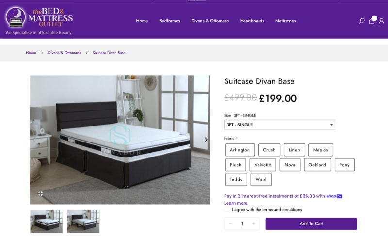 Bed & Mattress Outlet storefront — a custom-coded Shopify fix for variant pricing and product options