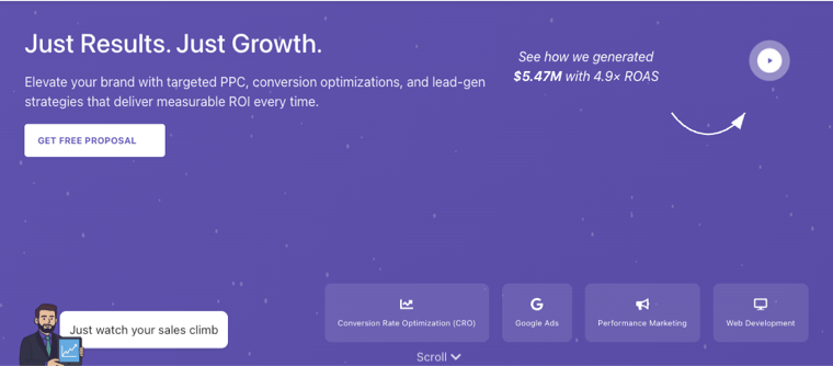 JustLeadMarket home hero — "Just Results. Just Growth." with a free-proposal call to action