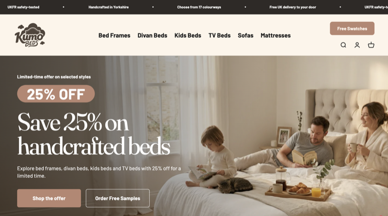 Kumo Beds homepage — a custom-coded Shopify store for a UK bed and mattress brand