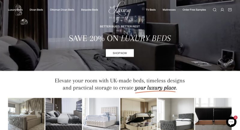 Luxury Bed Store homepage — a custom-coded Shopify store turned premium and conversion-focused