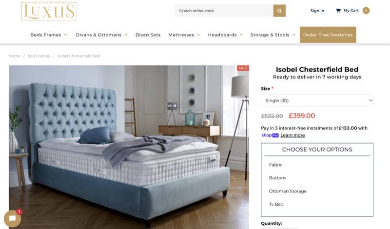 Luxus Beds storefront — a custom-coded Shopify fix for navigation, swatch selection, and option pricing