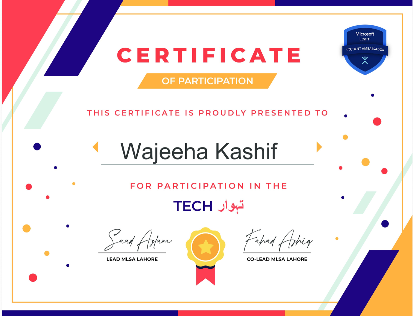 Microsoft Learn Student Ambassadors Tech Tehwar participation certificate awarded to Wajeeha Kashif