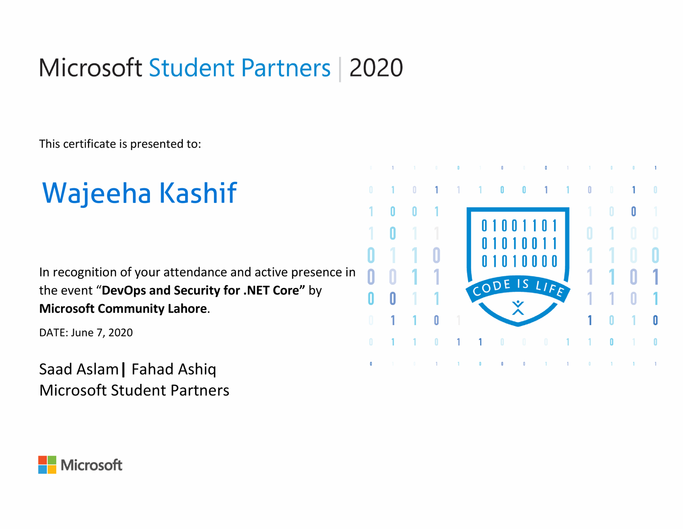 Microsoft Student Partners DevOps and Security for .NET Core certificate