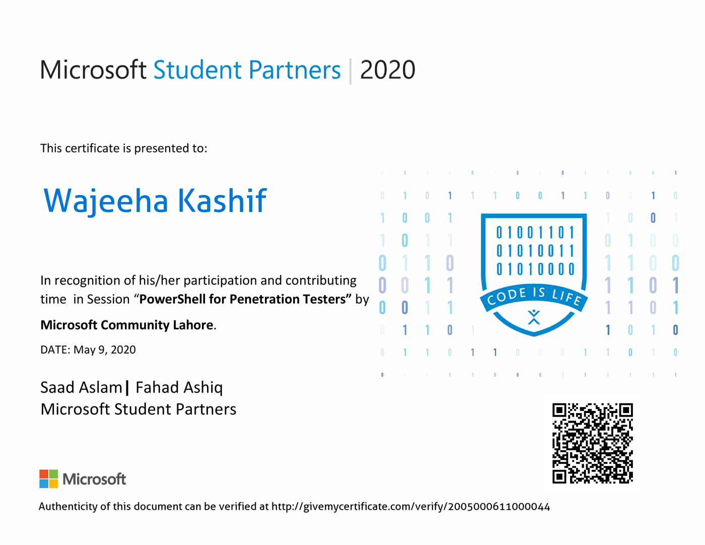 Microsoft Student Partners PowerShell for Penetration Testers certificate