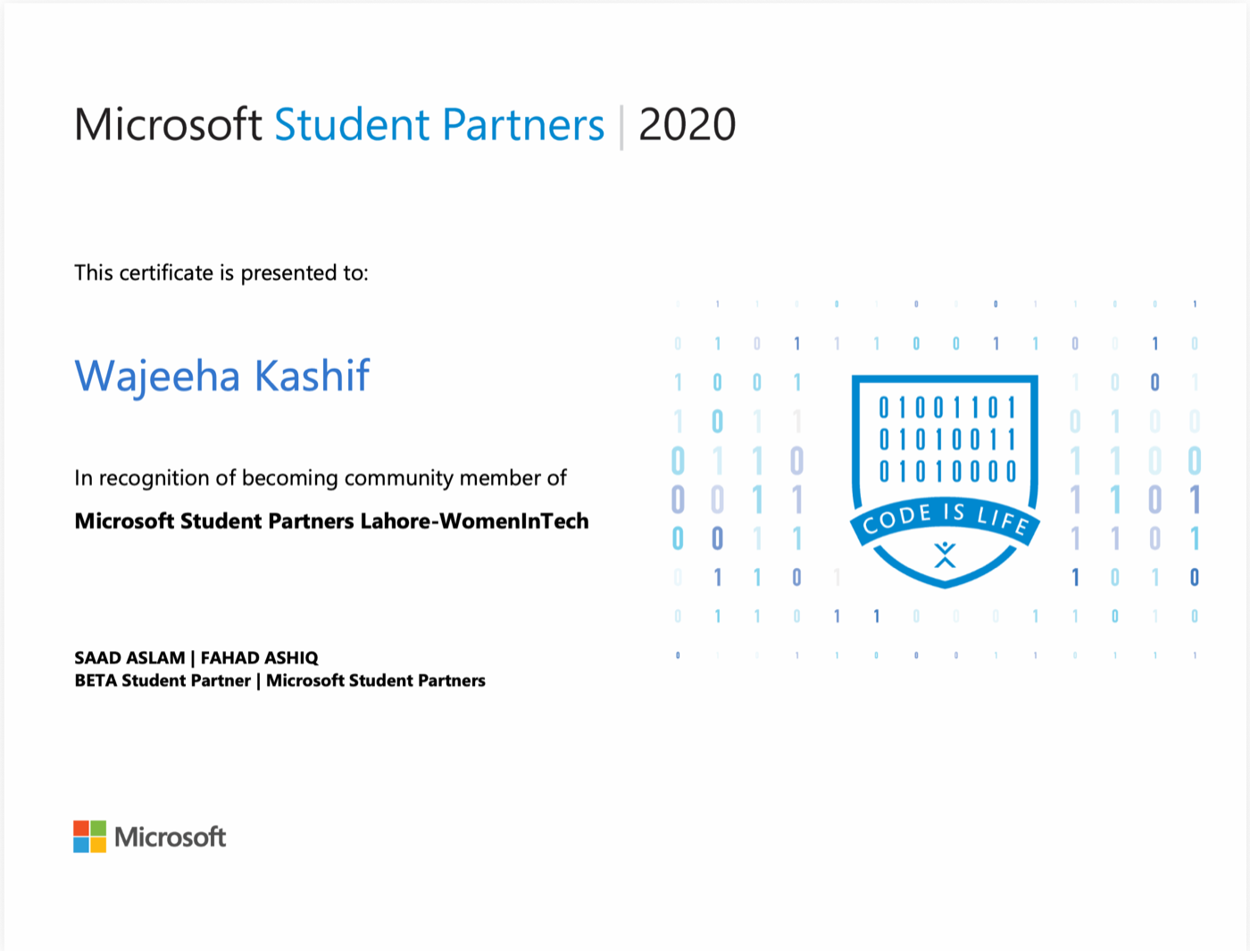Microsoft Student Partners Women in Tech community member certificate