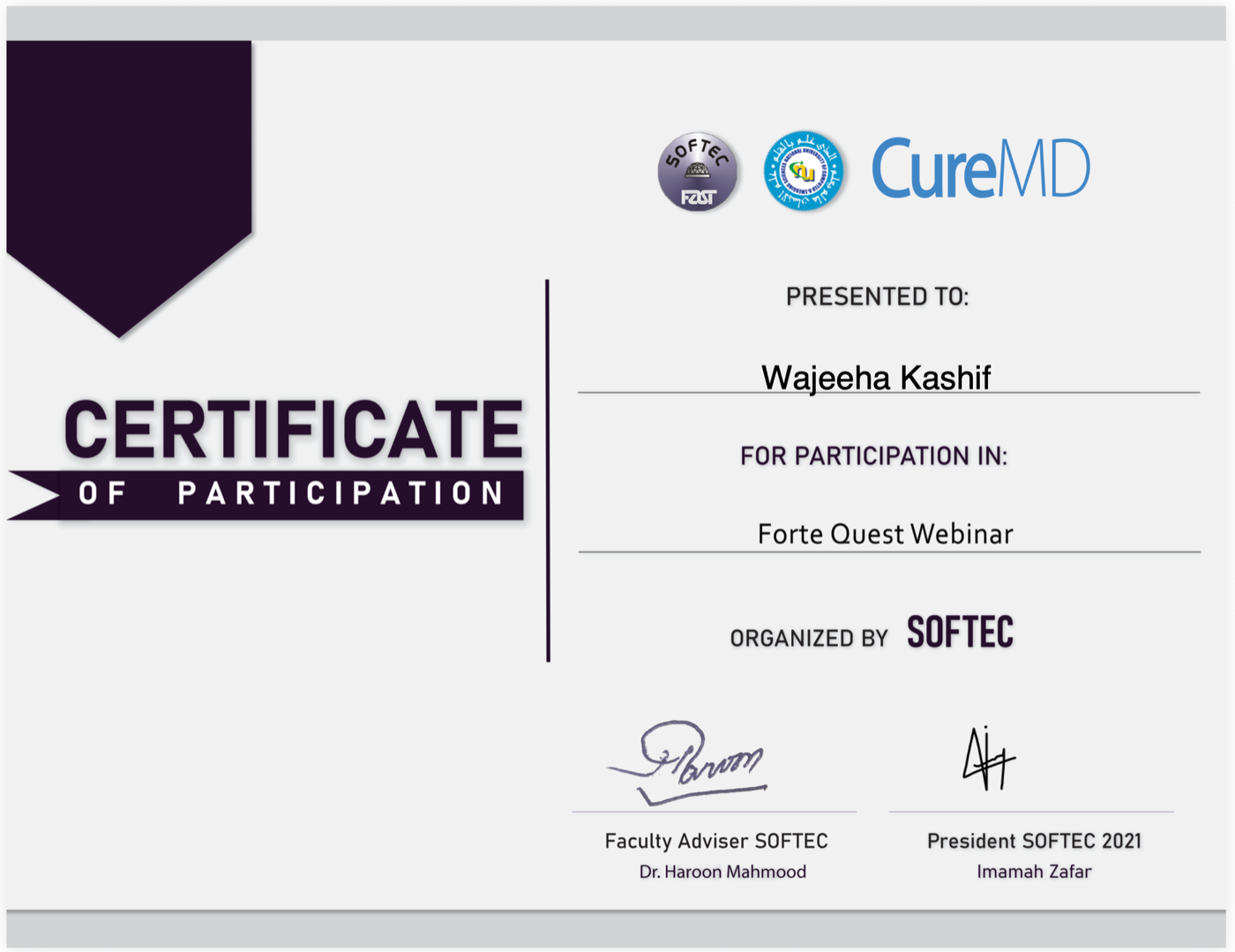 SOFTEC Forte Quest webinar participation certificate