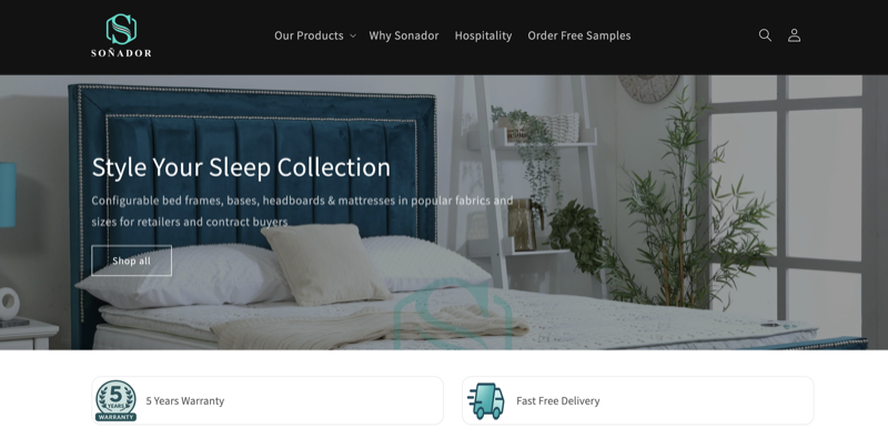 Sonador homepage — a custom-coded trade-only B2B Shopify store for a UK bed manufacturer